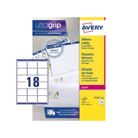 Etichette bianche per indirizzi AVERY Ultragrip™ 63,5x46,6 mm - 18 et/foglio - stampanti laser cf. 100 fogli L7161-100